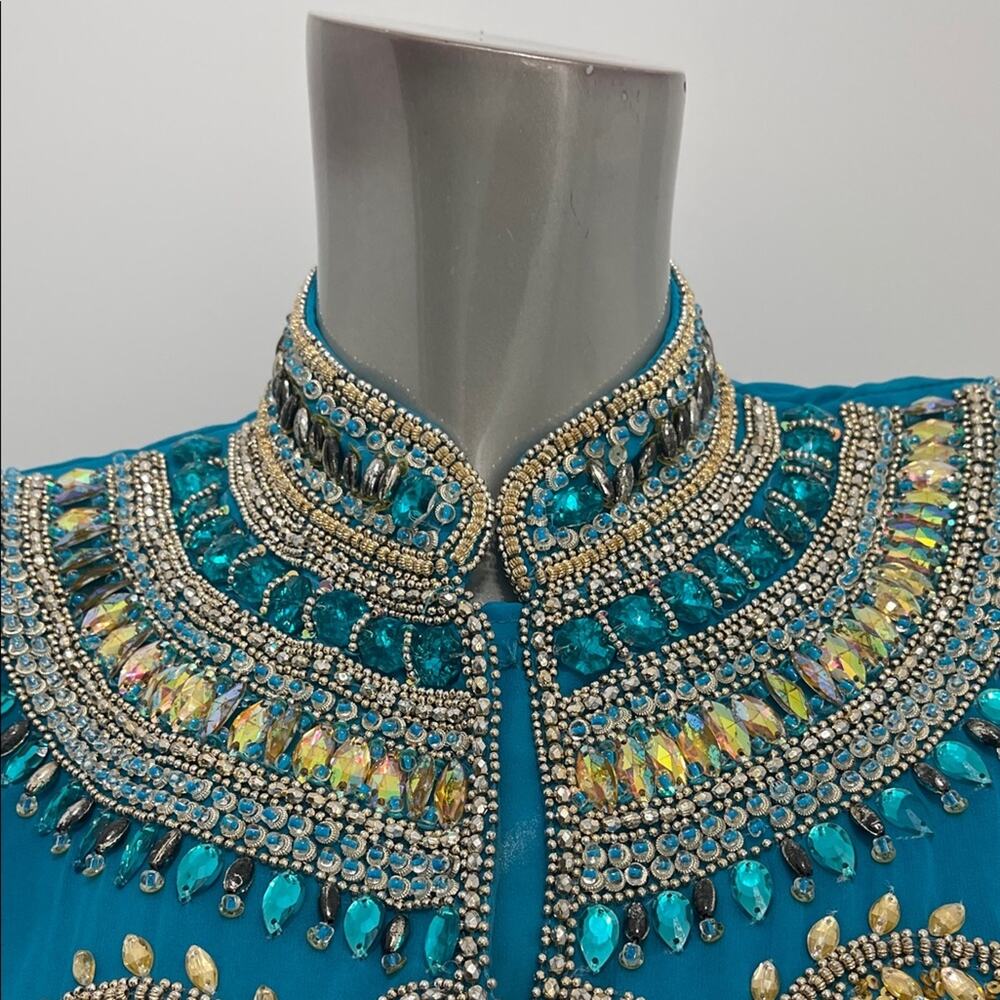 Moroccan Kaftan Maxi Dress Turquoise Hand Beaded Dubai Style Long Sleeve Formal - Picture 3 of 16